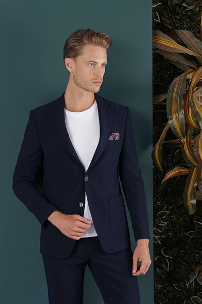 Slim Fit Sivri Yaka Esnek Pamuklu Dokulu Lacivert Blazer Ceket C 659