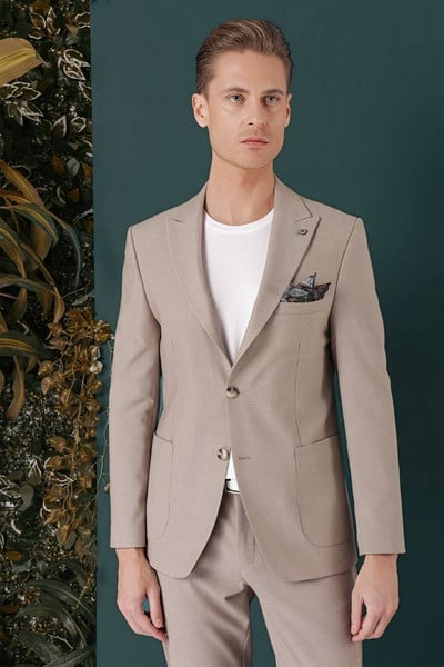 Slim Fit Sivri Yaka Esnek Pamuklu Dokulu Bej Blazer Ceket C 659