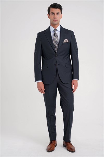 Slim Fit Sivri Yaka Esnek Yünlü Düz Lacivert Klasik Takım Elbise TK 928