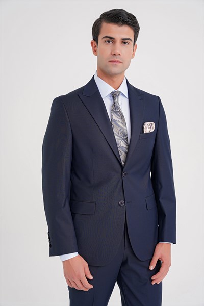 Slim Fit Sivri Yaka Esnek Yünlü Düz Lacivert Klasik Takım Elbise TK 928