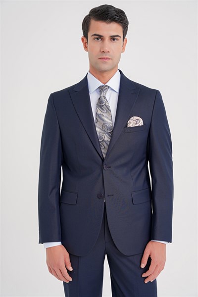 Slim Fit Sivri Yaka Esnek Yünlü Düz Lacivert Klasik Takım Elbise TK 928