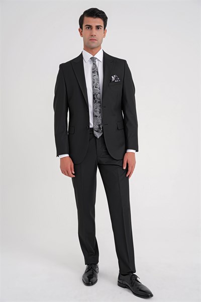 Slim Fit Sivri Yaka Esnek Yünlü Düz Siyah Klasik Takım Elbise TK 928