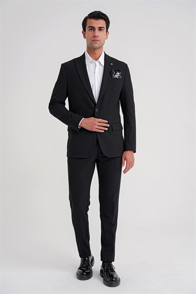 Slim Fit Sivri Yaka Torba Cepli Yünlü Çizgili Siyah Ceket C 724