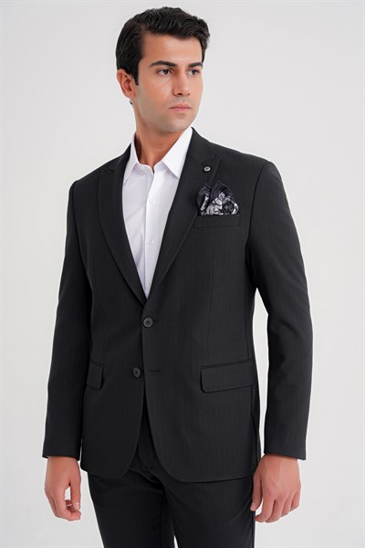 Slim Fit Sivri Yaka Torba Cepli Yünlü Çizgili Siyah Ceket C 724