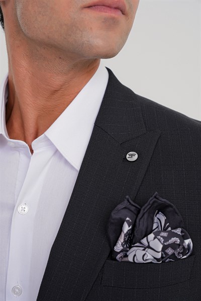 Slim Fit Sivri Yaka Torba Cepli Yünlü Çizgili Siyah Ceket C 724
