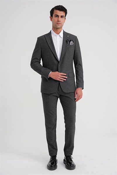Slim Fit Sivri Yaka Torba Cepli Yünlü Çizgili Füme Ceket C 724
