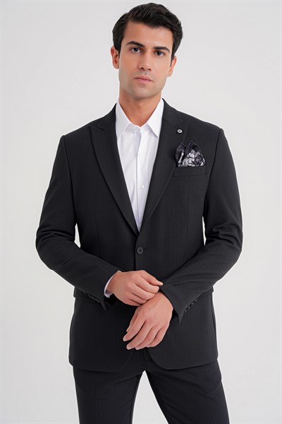 Slim Fit Sivri Yaka Torba Cepli Yünlü Çizgili Siyah Ceket C 724