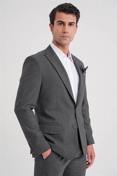 Slim Fit Sivri Yaka Torba Cepli Yünlü Çizgili Füme Ceket C 724