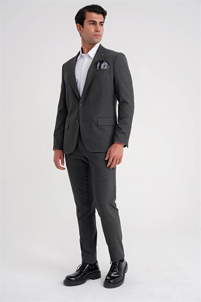 Slim Fit Sivri Yaka Torba Cepli Yünlü Çizgili Füme Ceket C 724