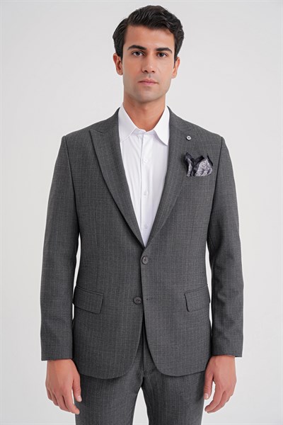 Slim Fit Sivri Yaka Torba Cepli Yünlü Çizgili Füme Ceket C 724