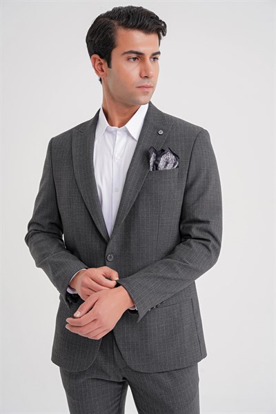Slim Fit Sivri Yaka Torba Cepli Yünlü Çizgili Füme Ceket C 724