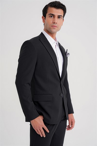 Slim Fit Sivri Yaka Torba Cepli Yünlü Çizgili Siyah Ceket C 724