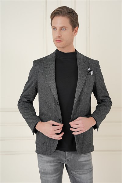 Slim Fit Sivri Yaka Yünlü Balıksırtı Dokuma Siyah Ceket C 684