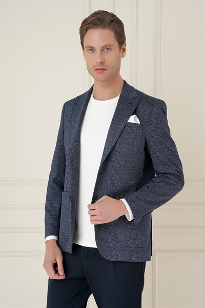 Slim Fit Sivri Yaka Yünlü Balıksırtı Dokuma Lacivert Ceket C 684