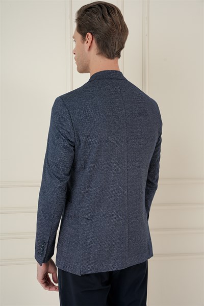 Slim Fit Sivri Yaka Yünlü Balıksırtı Dokuma Lacivert Ceket C 684