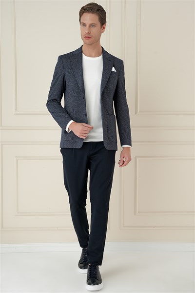 Slim Fit Sivri Yaka Yünlü Balıksırtı Dokuma Lacivert Ceket C 684