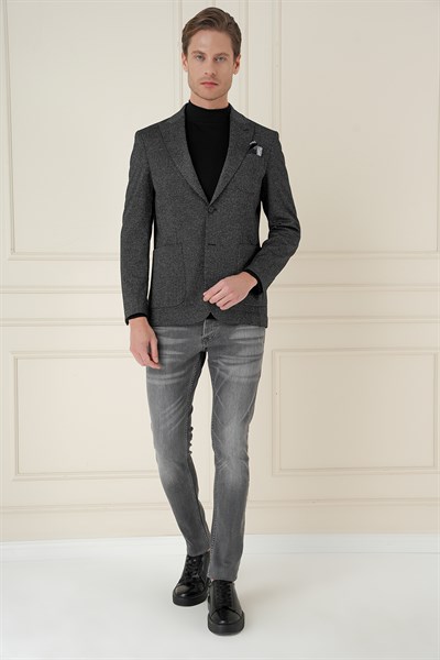 Slim Fit Sivri Yaka Yünlü Balıksırtı Dokuma Siyah Ceket C 684