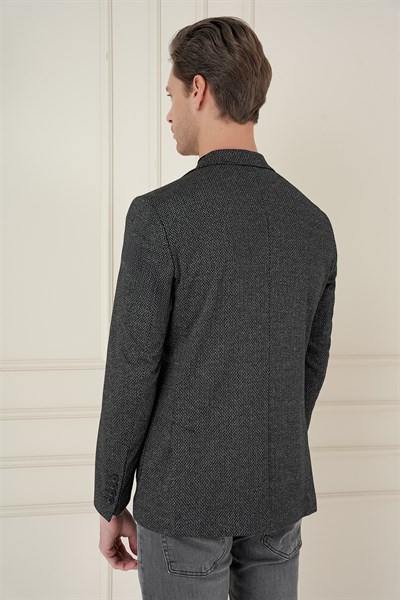 Slim Fit Sivri Yaka Yünlü Balıksırtı Dokuma Siyah Ceket C 684
