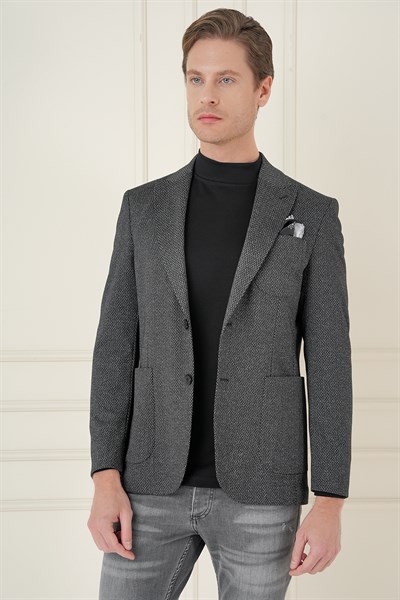 Slim Fit Sivri Yaka Yünlü Balıksırtı Dokuma Siyah Ceket C 684