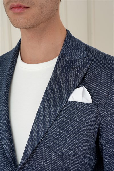 Slim Fit Sivri Yaka Yünlü Balıksırtı Dokuma Lacivert Ceket C 684