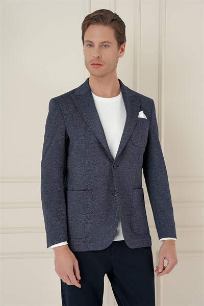 Slim Fit Sivri Yaka Yünlü Balıksırtı Dokuma Lacivert Ceket C 684