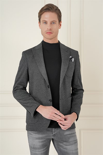 Slim Fit Sivri Yaka Yünlü Balıksırtı Dokuma Siyah Ceket C 684