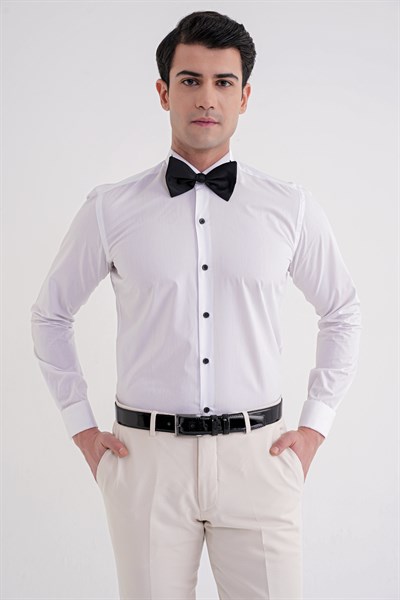 Slim Fit Siyah Düğmeli Ata Yaka Beyaz Damatlık Smokin Gömlek Gk 322