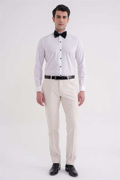 Slim Fit Siyah Düğmeli Ata Yaka Beyaz Damatlık Smokin Gömlek Gk 322