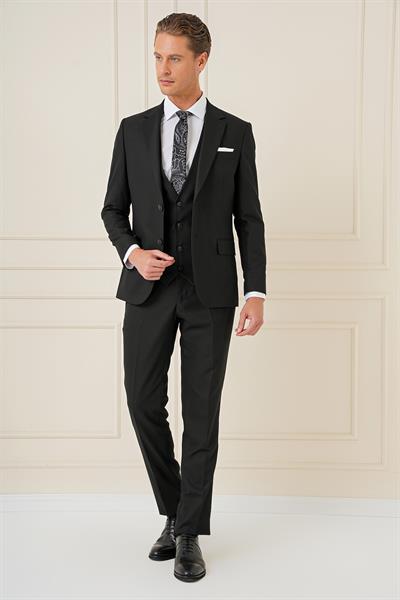 Slim Fit Çift Yıtmaç Siyah Klasik Yelekli Takım Elbise TK 896