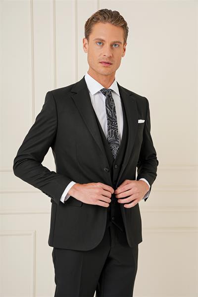 Slim Fit Çift Yıtmaç Siyah Klasik Yelekli Takım Elbise TK 896
