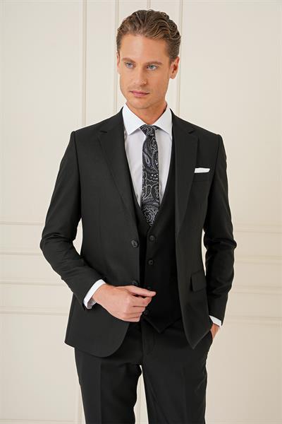 Slim Fit Çift Yıtmaç Siyah Klasik Yelekli Takım Elbise TK 896