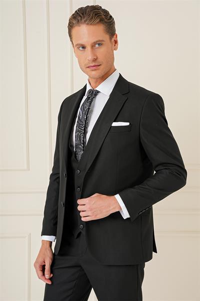 Slim Fit Çift Yıtmaç Siyah Klasik Yelekli Takım Elbise TK 896