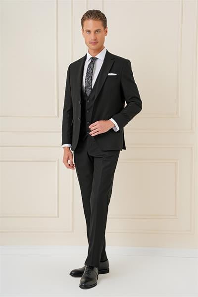 Slim Fit Çift Yıtmaç Siyah Klasik Yelekli Takım Elbise TK 896