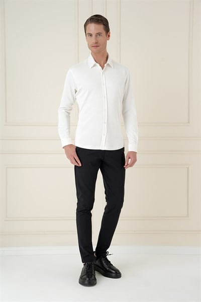 Slim Fit Spor Yaka Cepsiz Pamuklu Ekru Gömlek G 1580