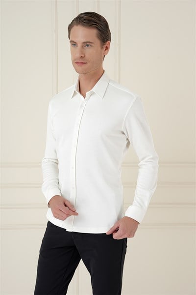 Slim Fit Spor Yaka Cepsiz Pamuklu Ekru Gömlek G 1580