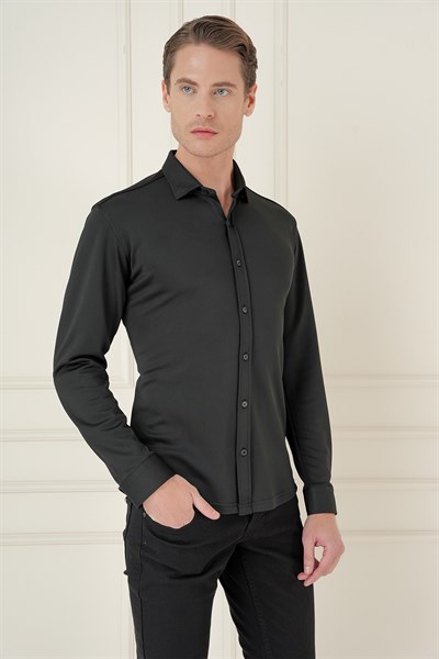 Slim Fit Spor Yaka Cepsiz Pamuklu Siyah Gömlek G 1580