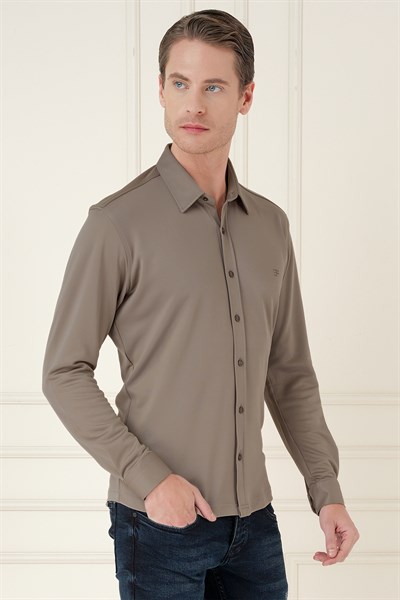 Slim Fit Spor Yaka Cepsiz Pamuklu Vizon Gömlek G 1580