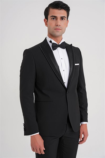 Slim Fit Tek Düğme Fleto Cep Çıkarılabilir Saten Yaka Siyah Damatlık Smokin Takım Black 084