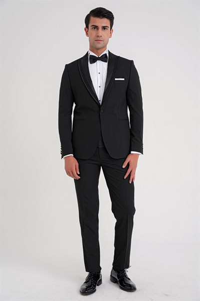 Slim Fit Tek Düğme Fleto Cep Çıkarılabilir Saten Yaka Siyah Damatlık Smokin Takım Black 084