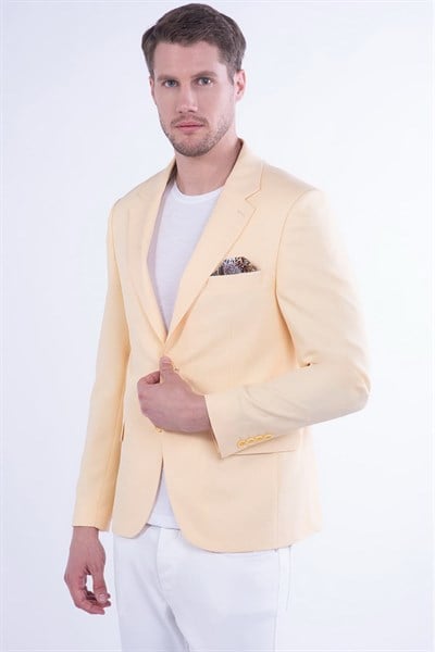 Slim Fit Tek Yırtmaç Mono Yaka Pamuklu Sarı Ceket C 591
