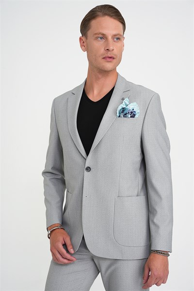 Slim Fit Torba Cep Esnek Pamuk Düz Gri Blazer Ceket C 712
