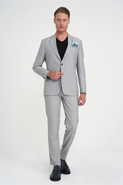 Slim Fit Torba Cep Esnek Pamuk Düz Gri Blazer Ceket C 712