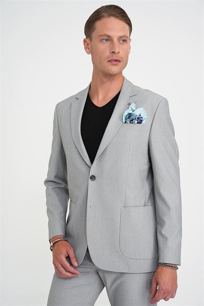 Slim Fit Torba Cep Esnek Pamuk Düz Gri Blazer Ceket C 712