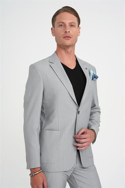 Slim Fit Torba Cep Esnek Pamuk Düz Gri Blazer Ceket C 712