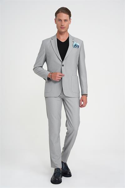 Slim Fit Torba Cep Esnek Pamuk Düz Gri Blazer Ceket C 712