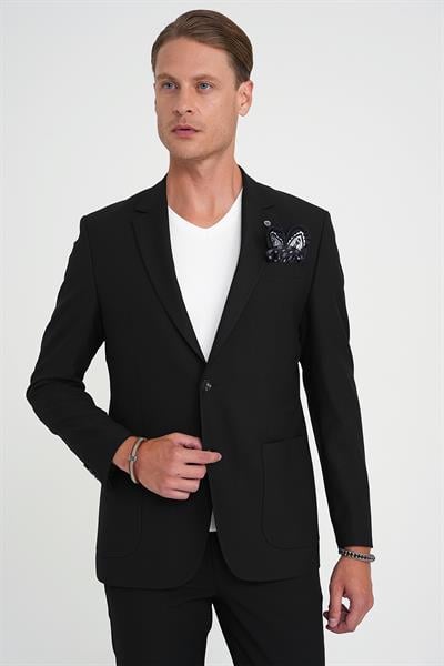 Slim Fit Torba Cep Esnek Pamuk Düz Siyah Blazer Ceket C 712
