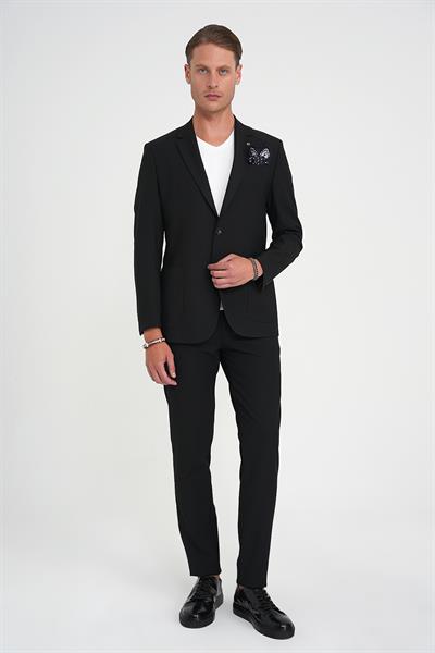 Slim Fit Torba Cep Esnek Pamuk Düz Siyah Blazer Ceket C 712