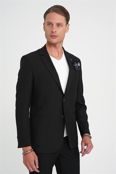Slim Fit Torba Cep Esnek Pamuk Düz Siyah Blazer Ceket C 712