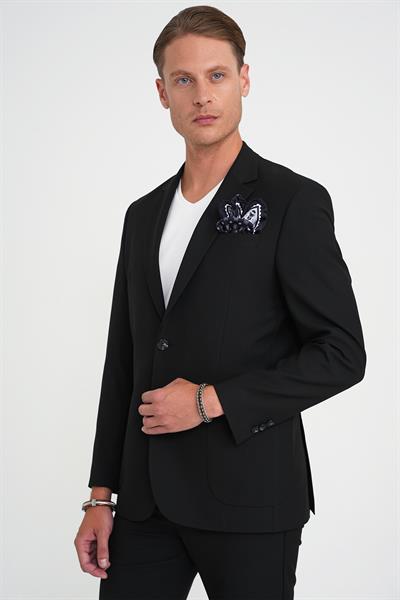 Slim Fit Torba Cep Esnek Pamuk Düz Siyah Blazer Ceket C 712