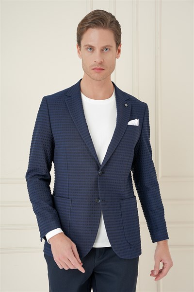 Slim Fit Torba Cep Esnek Pamuklu Gofre Kumaş Lacivert Ceket C 695